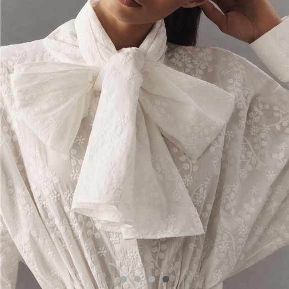 Norma Kamali Bow Neck Long Sleeves Mini White Shirt Dress M NWT - Picture 3 of 3